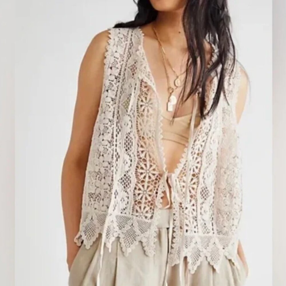 Free People Leah Crochet Lace Vest Tie Front Boho Victorian
